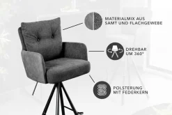Drehbarer Design Barhocker BIG GEORGE anthrazit Samt Taschenfederkern mit Armlehnen