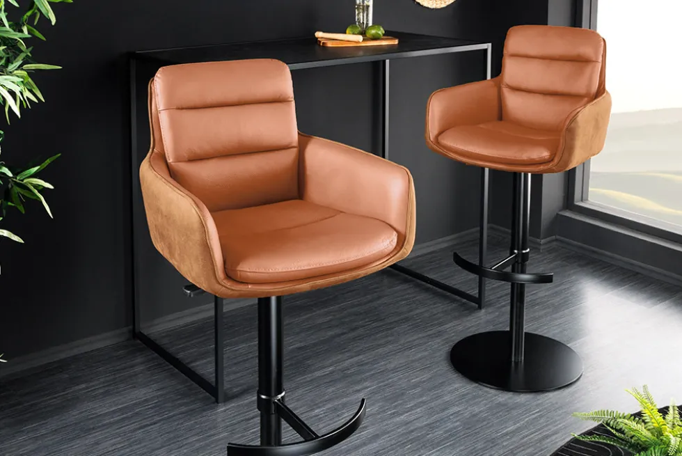 Drehbarer Design Barhocker BIG GEORGE cognac Echtleder höhenverstellbar mit Armlehnen