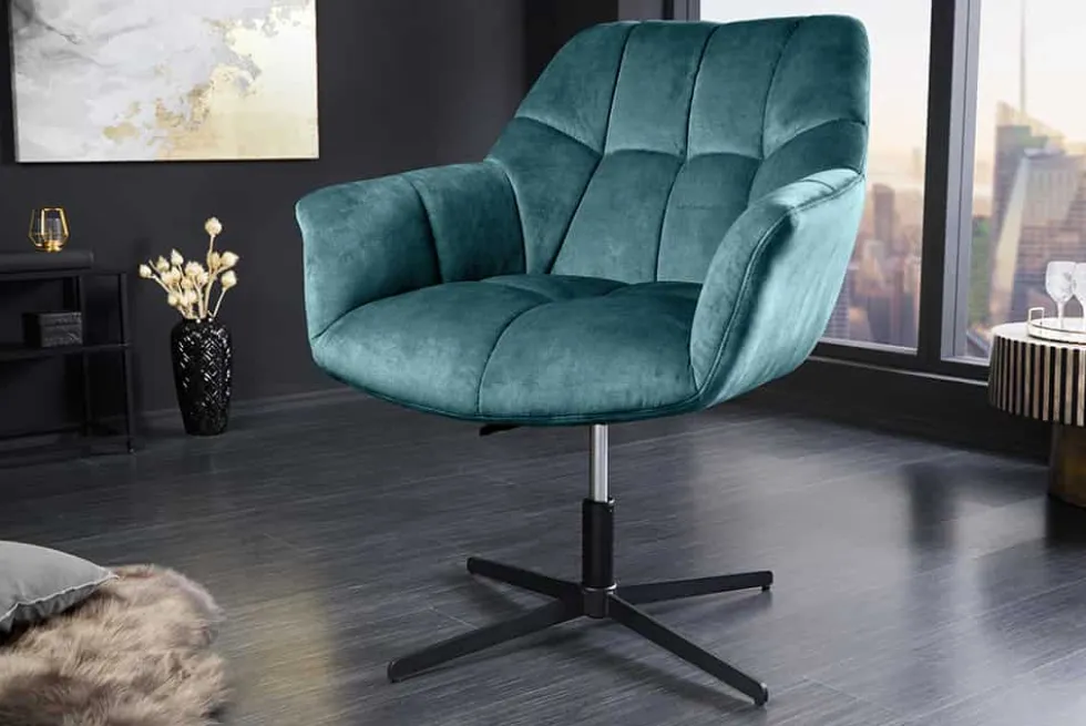 Drehbarer Design Sessel PAPILLON petrol Samt 360° schwarz Metall höhenverstellbar