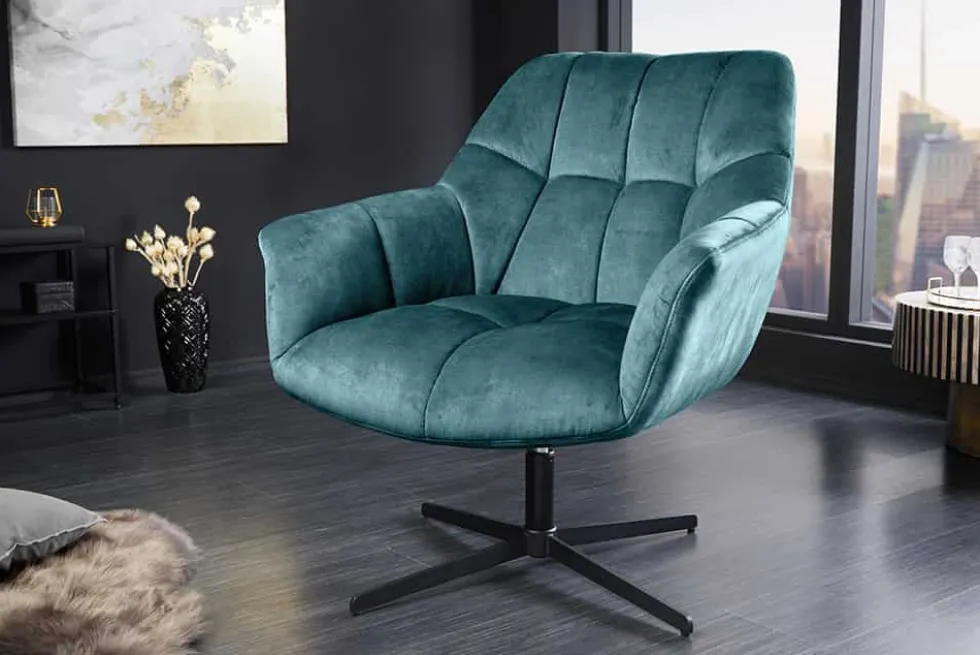Drehbarer Design Sessel PAPILLON petrol Samt 360° schwarz Metall höhenverstellbar