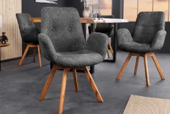 Drehbarer Design Stuhl BALTIC dunkelgrau Bouclé natur Eiche Massivholz mit Armlehne