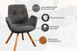 Drehbarer Design Stuhl BALTIC dunkelgrau Bouclé natur Eiche Massivholz mit Armlehne