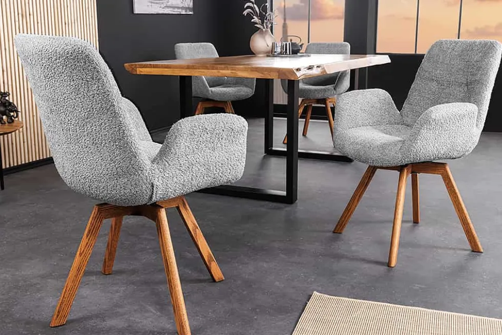 Drehbarer Design Stuhl BALTIC grau Bouclé natur Eiche Massivholz-Beine mit Armlehne