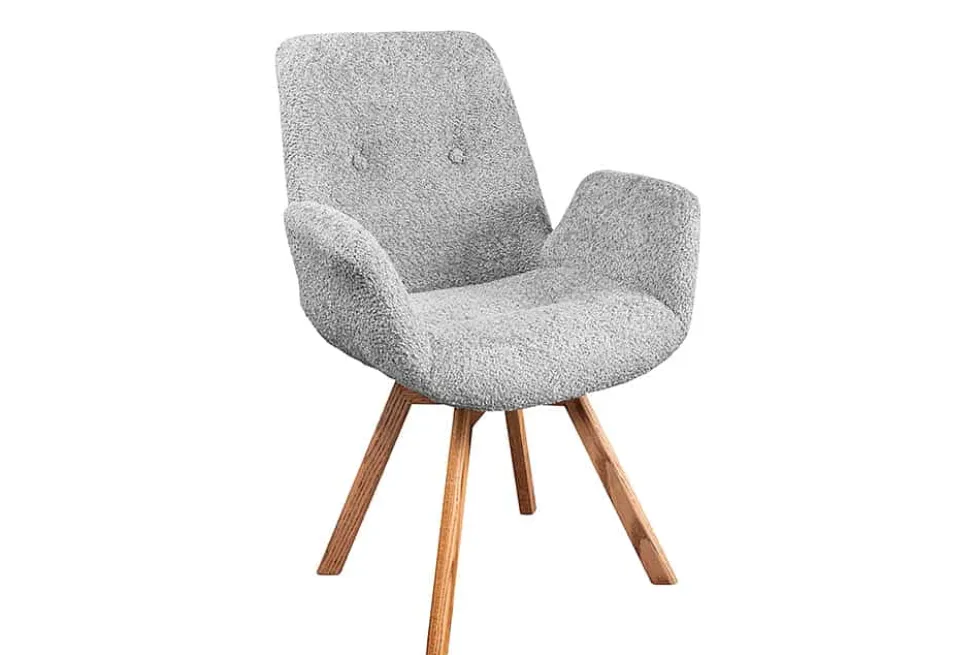 Drehbarer Design Stuhl BALTIC grau Bouclé natur Eiche Massivholz-Beine mit Armlehne