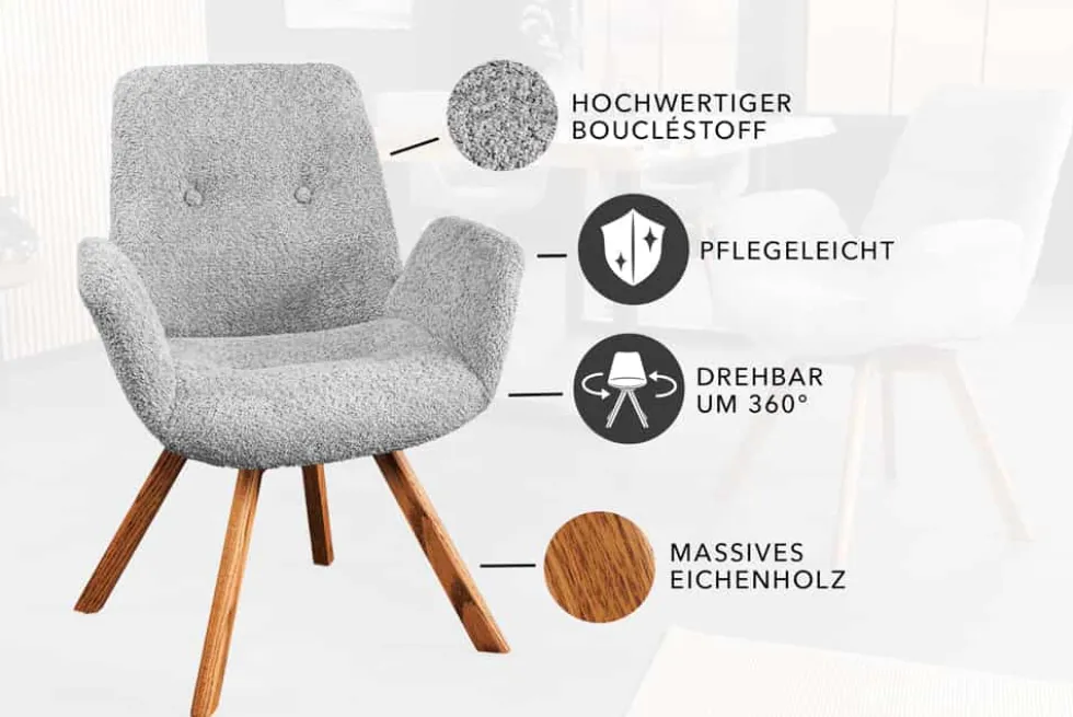 Drehbarer Design Stuhl BALTIC grau Bouclé natur Eiche Massivholz-Beine mit Armlehne