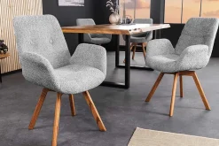Drehbarer Design Stuhl BALTIC grau Bouclé natur Eiche Massivholz-Beine mit Armlehne