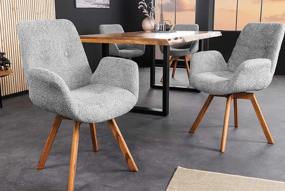 Drehbarer Design Stuhl BALTIC grau Bouclé natur Eiche Massivholz-Beine mit Armlehne