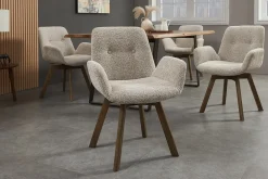 Drehbarer Design Stuhl BALTIC taupe Bouclé Tweed Soft Eiche Massivholz Walnuss