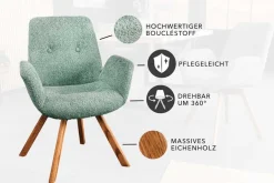 Drehbarer Design Stuhl BALTIC mint Bouclé natur Eiche Massivholz-Beine mit Armlehne