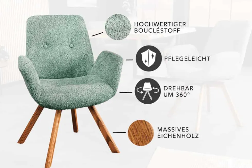 Drehbarer Design Stuhl BALTIC mint Bouclé natur Eiche Massivholz-Beine mit Armlehne