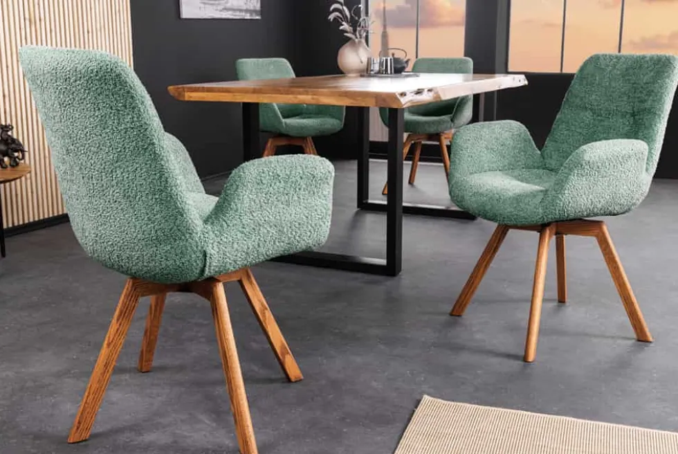 Drehbarer Design Stuhl BALTIC mint Bouclé natur Eiche Massivholz-Beine mit Armlehne