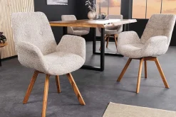 Drehbarer Design Stuhl BALTIC beige Bouclé natur Eiche Massivholz-Beine mit Armlehne
