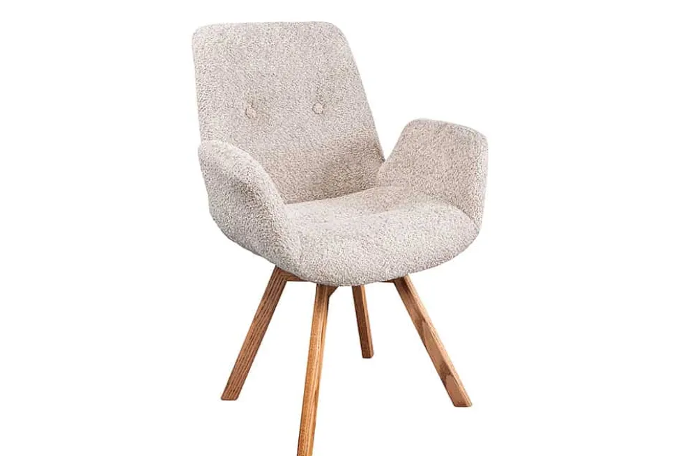 Drehbarer Design Stuhl BALTIC beige Bouclé natur Eiche Massivholz-Beine mit Armlehne