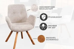 Drehbarer Design Stuhl BALTIC beige Bouclé natur Eiche Massivholz-Beine mit Armlehne
