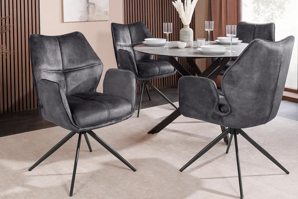 Drehbarer Design Stuhl CONCORD dunkelgrau Samt Taschenfederkern Metallgestell schwarz