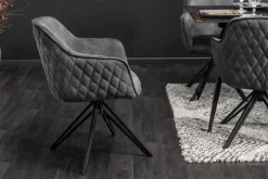 Drehbarer Design Stuhl EUPHORIA dunkelgrau Samt mit Armlehne Metallgestell schwarz