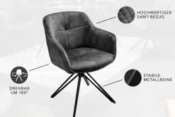 Drehbarer Design Stuhl EUPHORIA dunkelgrau Samt mit Armlehne Metallgestell schwarz