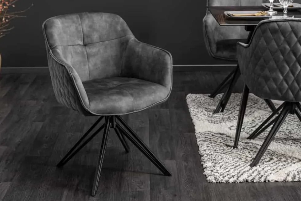 Drehbarer Design Stuhl EUPHORIA dunkelgrau Samt mit Armlehne Metallgestell schwarz
