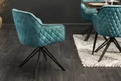 Drehbarer Design Stuhl EUPHORIA petrol Samt mit Armlehne Metallgestell schwarz