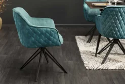 Drehbarer Design Stuhl EUPHORIA petrol Samt mit Armlehne Metallgestell schwarz