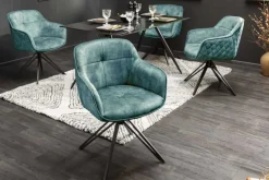 Drehbarer Design Stuhl EUPHORIA petrol Samt mit Armlehne Metallgestell schwarz