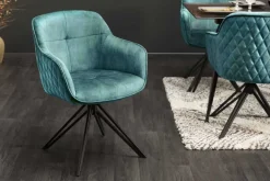 Drehbarer Design Stuhl EUPHORIA petrol Samt mit Armlehne Metallgestell schwarz