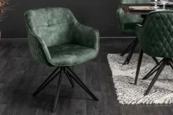 Drehbarer Design Stuhl EUPHORIA dunkelgrün Samt mit Armlehne Metallgestell schwarz