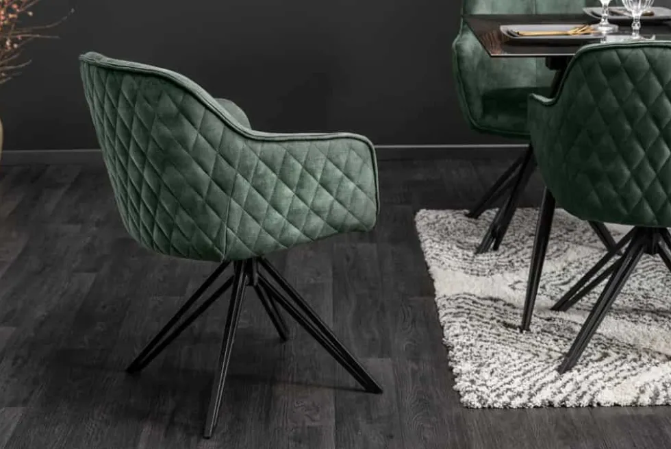 Drehbarer Design Stuhl EUPHORIA dunkelgrün Samt mit Armlehne Metallgestell schwarz