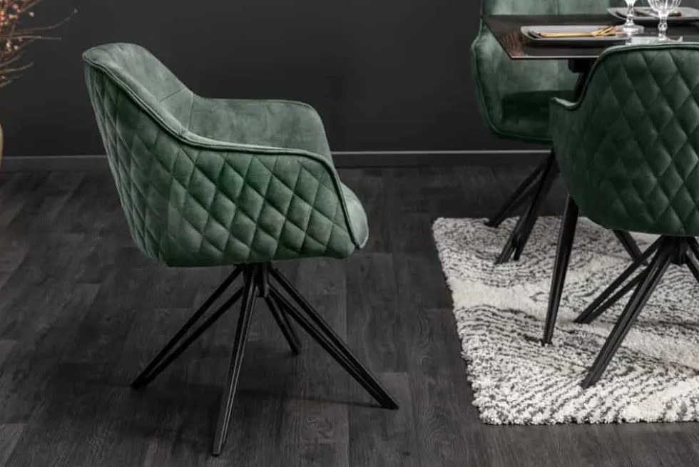 Drehbarer Design Stuhl EUPHORIA dunkelgrün Samt mit Armlehne Metallgestell schwarz