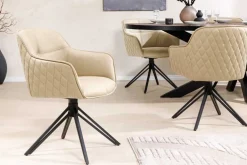 Drehbarer Design Stuhl EUPHORIA beige Echtleder schwarz Metallgestell mit Armlehne