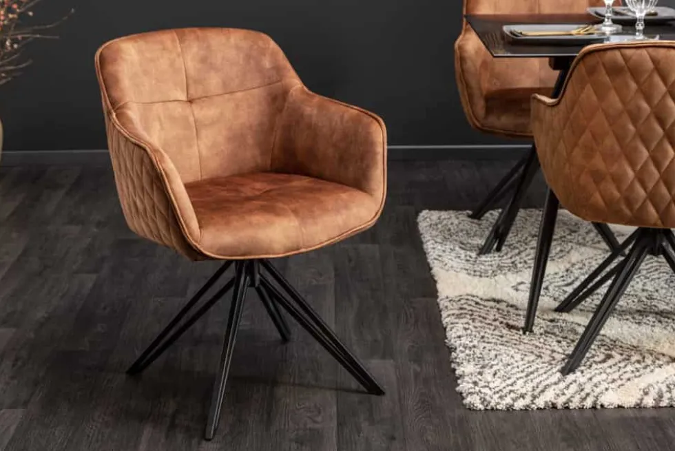 Drehbarer Design Stuhl EUPHORIA rost braun Samt mit Armlehne Metallgestell schwarz