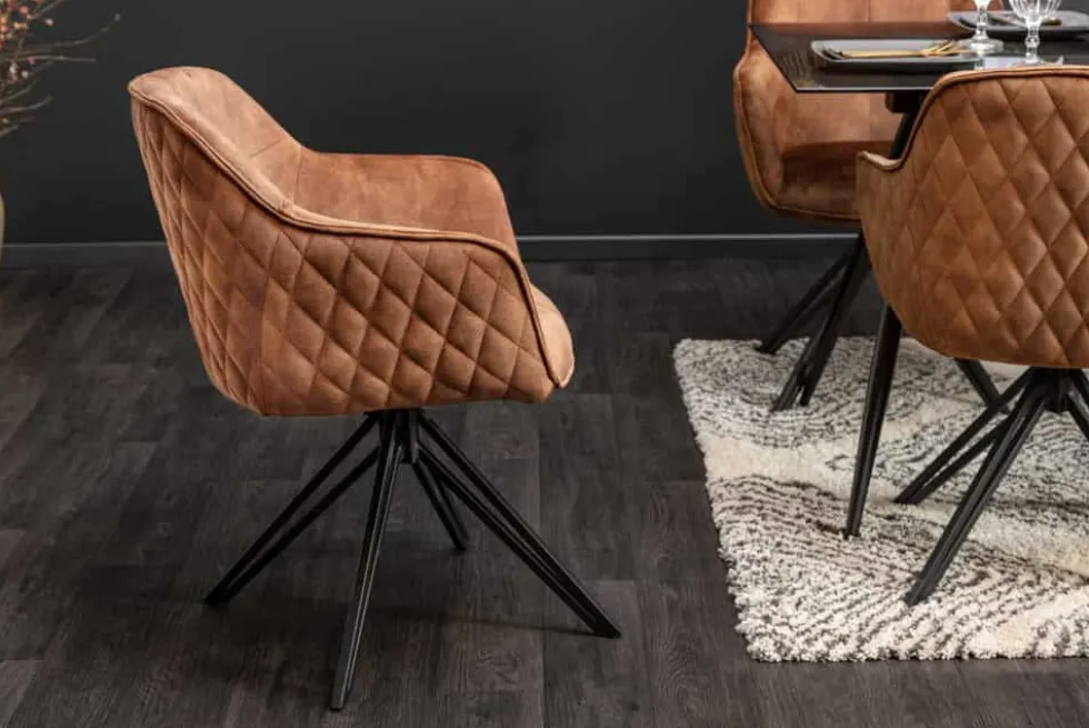 Drehbarer Design Stuhl EUPHORIA rost braun Samt mit Armlehne Metallgestell schwarz