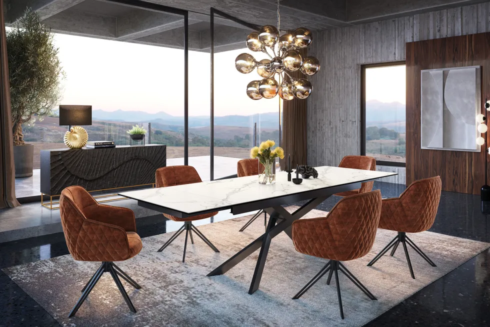 Drehbarer Design Stuhl EUPHORIA rost braun Samt mit Armlehne Metallgestell schwarz