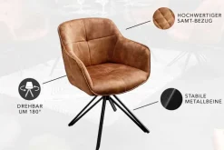 Drehbarer Design Stuhl EUPHORIA rost braun Samt mit Armlehne Metallgestell schwarz