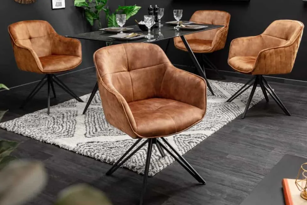Drehbarer Design Stuhl EUPHORIA rost braun Samt mit Armlehne Metallgestell schwarz
