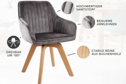 Drehbarer Design Stuhl LIVORNO grau Samt Buchenholz Beine mit Armlehnen