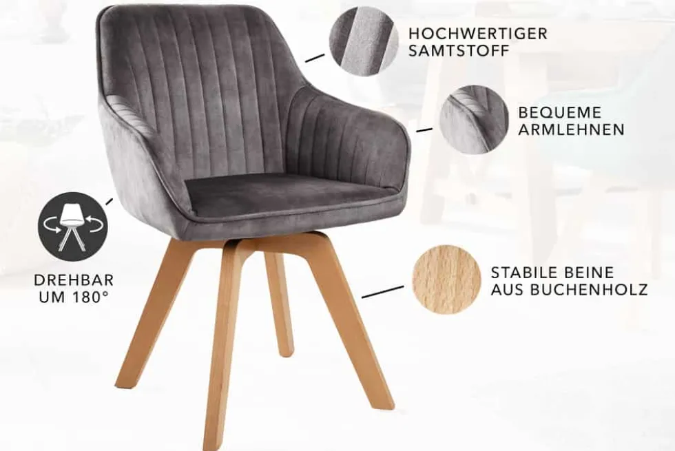 Drehbarer Design Stuhl LIVORNO grau Samt Buchenholz Beine mit Armlehnen