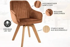 Drehbarer Design Stuhl LIVORNO rost braun Samt Buchenholz Beine mit Armlehnen