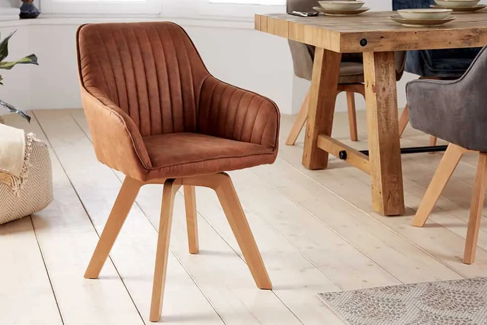 Drehbarer Design Stuhl LIVORNO vintage braun Buchenholz Beine mit Armlehnen