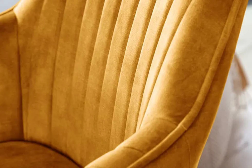Drehbarer Design Stuhl LIVORNO senfgelb Samt Buchenholz Beine mit Armlehnen