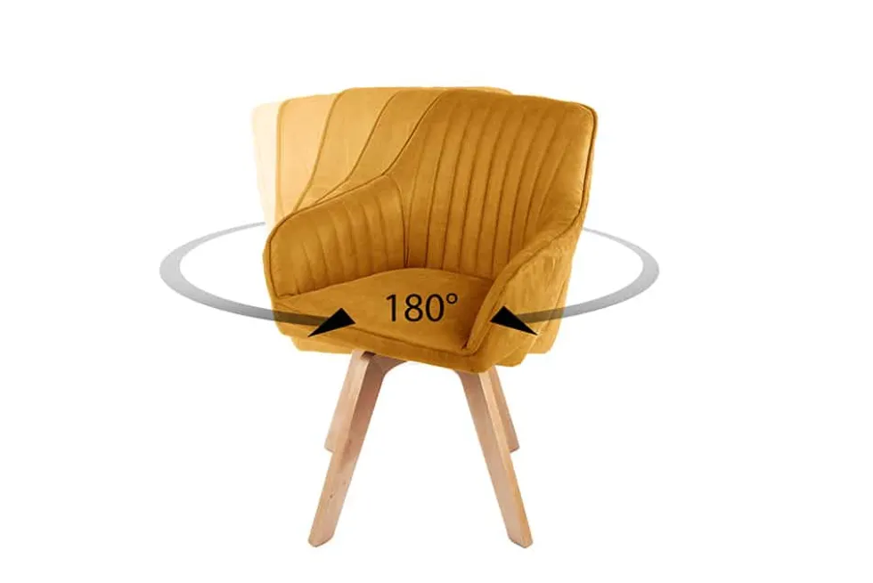 Drehbarer Design Stuhl LIVORNO senfgelb Samt Buchenholz Beine mit Armlehnen