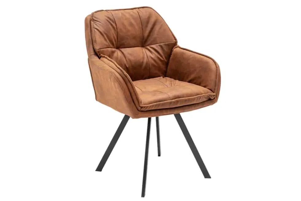 Drehbarer Design Stuhl MR. LOUNGER hellbraun Microfaser mit Armlehne Metall schwarz