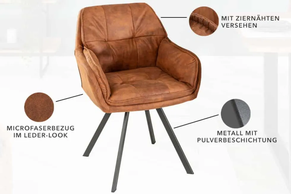 Drehbarer Design Stuhl MR. LOUNGER hellbraun Microfaser mit Armlehne Metall schwarz