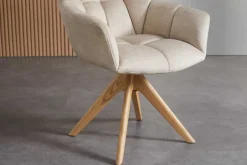 Drehbarer Design Stuhl PAPILLON beige Samt Eiche Massivholz mit Armlehnen