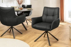 Drehbarer Design Stuhl SIGNATURE schwarz Echtleder 360° Taschenfederkern Metall