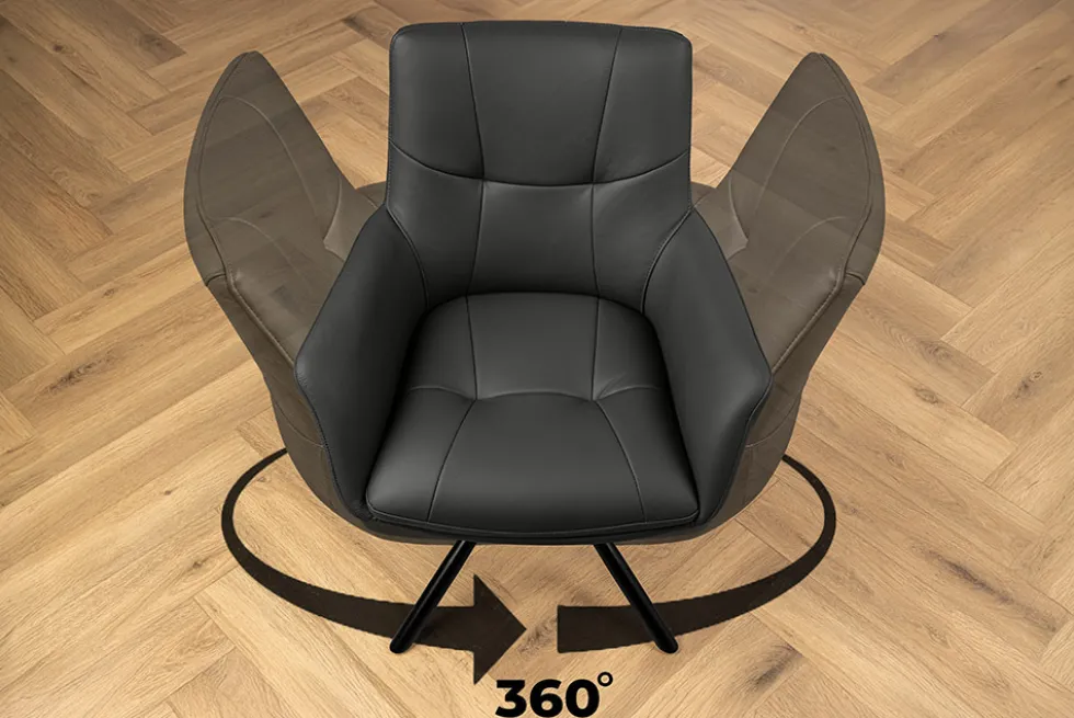 Drehbarer Design Stuhl SIGNATURE schwarz Echtleder 360° Taschenfederkern Metall