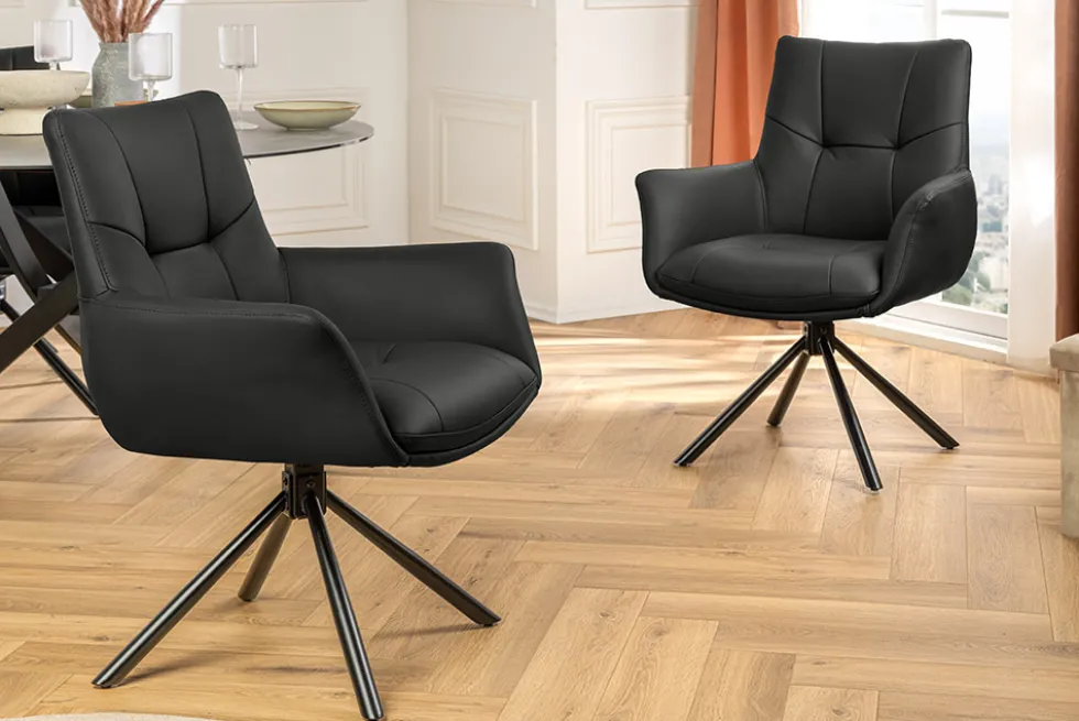 Drehbarer Design Stuhl SIGNATURE schwarz Echtleder 360° Taschenfederkern Metall