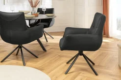 Drehbarer Design Stuhl SIGNATURE schwarz Echtleder 360° Taschenfederkern Metall