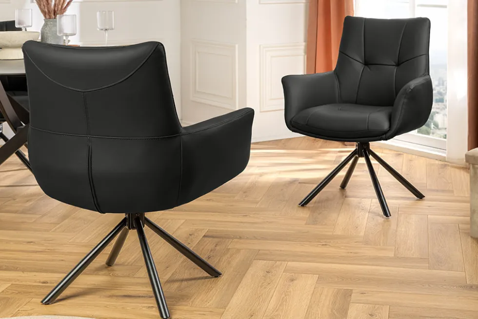 Drehbarer Design Stuhl SIGNATURE schwarz Echtleder 360° Taschenfederkern Metall
