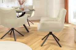 Drehbarer Design Stuhl SIGNATURE beige Echtleder 360° Taschenfederkern schwarz Metall